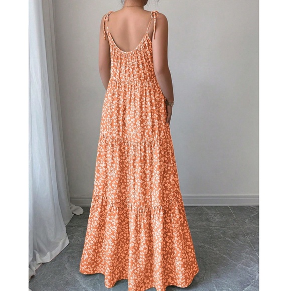 Boho Floral Print High Waisted Ruffle Hem Cami Maxi Dress - Picture 4 of 8